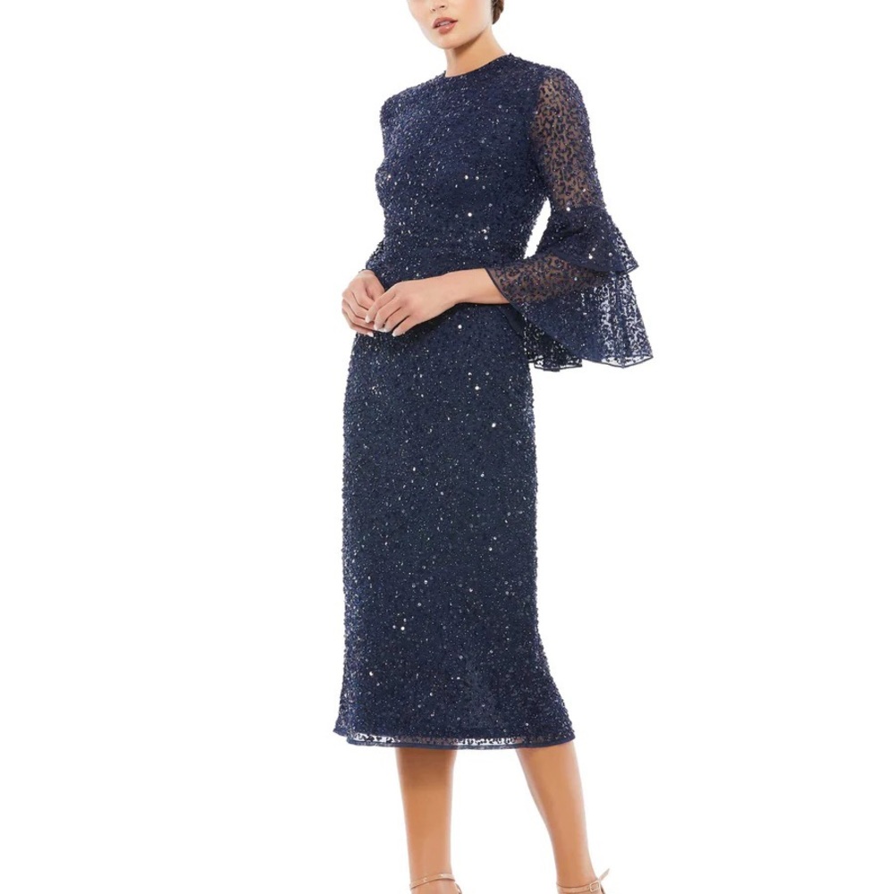 MAC DUGGAL fully sequined ruffle midi dress